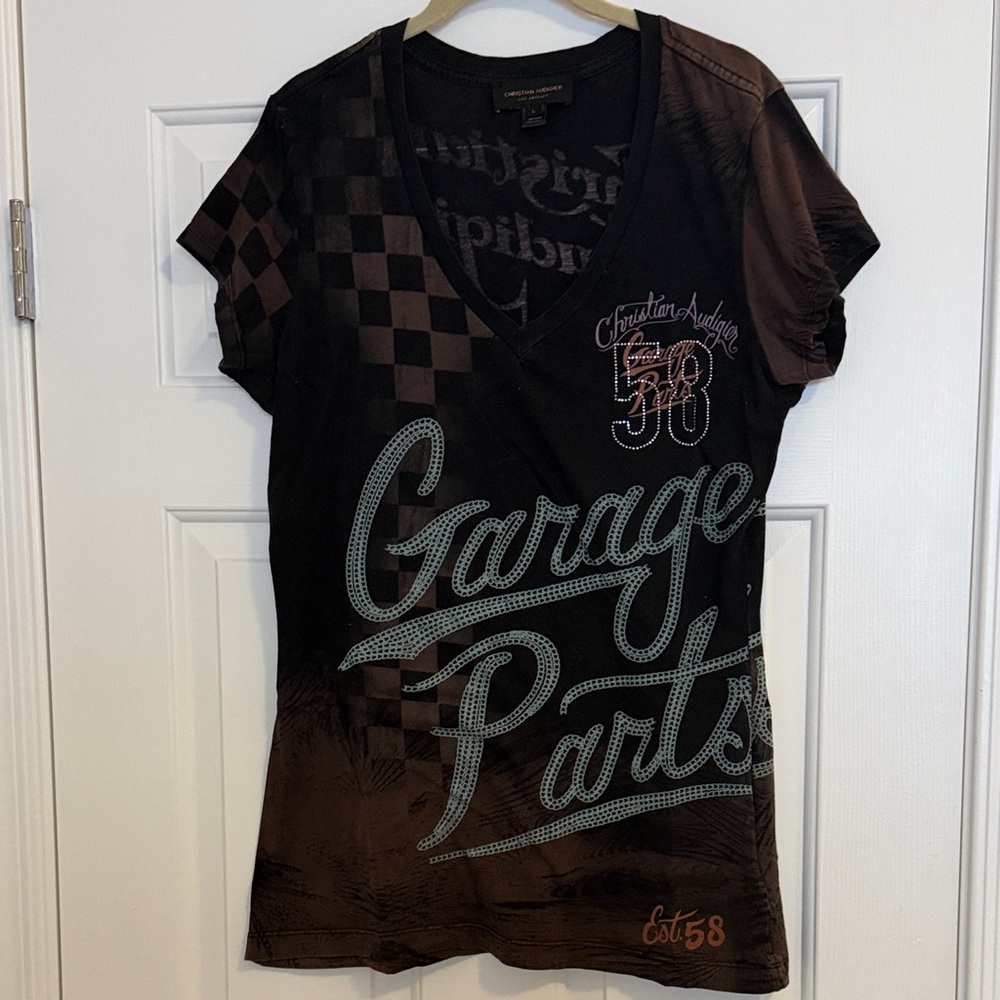 Christian Audigier Black & Brown Garage Parts, crystals “58” Graphic Tee, Size L